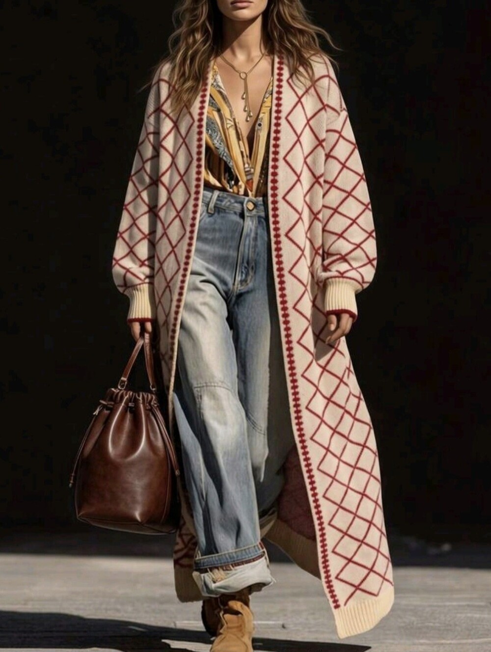 Diamond Check Jacquard V-Neck Cardigan With Ribbed Cuffs, Dropped Shoulders